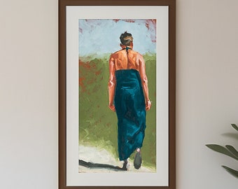 Giclée Art Print "Woman Strolling in a Blue Dress" Relaxing Italian Summer Decor Long Vertical Oil Painting