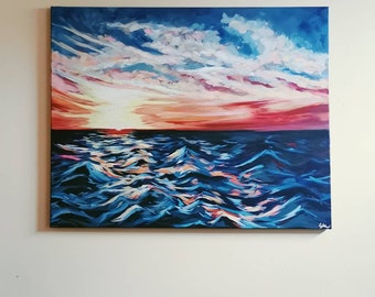 Large Colourful Sunrise Seascape Artwork | Irish Coastal Sunrise | Original Acrylic Canvas Painting