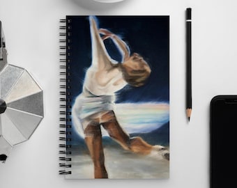 Spiral Notebook | Figure Skating Layback Spin with White Rainbow Dress on Black | Ice Skate Journal Diary