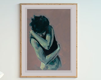 Art Print | Expressive Painterly Figure Painting | Emotional Bottle Green and Dusk Pink Painting Giclée Print Poster