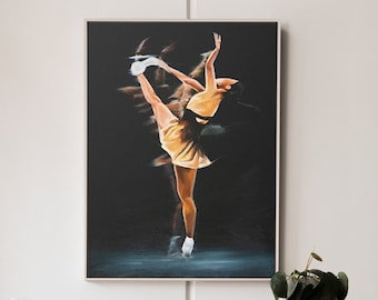 Art Print | Original Figure Painting | Figure Skater in Motion | Upright Spin on Black | Kaori Sakamoto Fine Art Giclée Print Poster