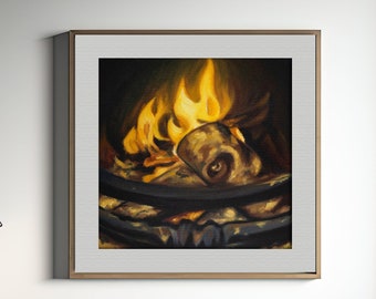Art Print | Cosy Winter Fireplace | Oil Painting Giclée Print | Cabincore Aesthetic Poster Warm Fire Wall Art Unframed