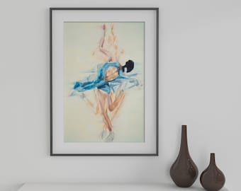 Art Print | Figure Skating Haircutter Spin Blue on White | Oil Painting Giclée Print Poster