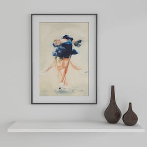 Art Print | Figure Skating Upright Spin Blue on Cream | Oil Painting Giclée Print Poster