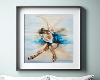 Art Print | Graphic Figure Skating Spin Topaz Blue & Light Copper | Oil Painting Giclée Print Poster | Modern Girls Ice Skating Wall Décor