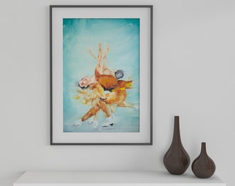 Art Print | Figure Skating Sit Spin Orange and Teal | Ice Skate Oil Painting Giclée Print Poster