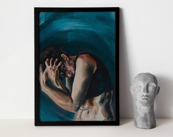 Art Print | Expressive Painterly Figure Painting | Emotional Dark Teal and Copper Oil Painting Giclée Print Poster