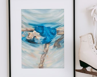 Art Print | Sapphire Blue Camel Spin Illustration | Fine Art Figure Skating Giclée Print Poster | Modern Expressive Wall Décor