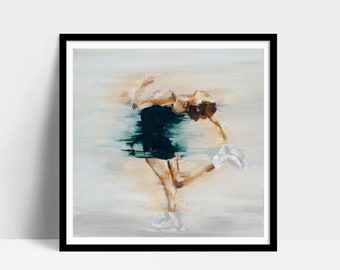 Art Print | Graphic Figure Skating Spin in Bottle Green & Honeycomb | Oil Painting Giclée Print |Modern Girls Ice Skating Wall Decor Poster