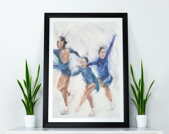 Art Print | Blue Figure Skating Jump Landing | Oil Painting Giclée Art Print