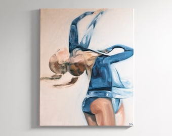 Canvas Oil Painting | Contemporary Oil on Canvas Woman Figure Painting | Figure Skater in Motion | Layback Spin in Blue