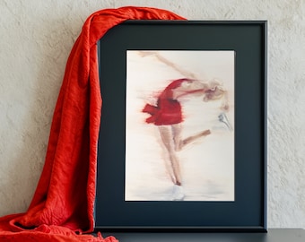 Art Print | Scarlet Red Figure Skating Haircutter Spin Illustration | Oil Painting Giclée Print | Minimalist Woman Figure Wall Decor Poster