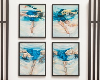Set of Four Framed Art Prints | Expressive Sapphire Blue Spin Series | Figure Skating Giclée Print Poster Set | Ice Skating Rink Décor