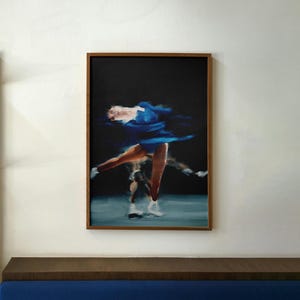 Figure Skating Spin Art Print in Indigo on Black | Stylish Ice Skater Giclée Print | Captivating Movement Oil Painting Poster