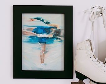Art Print | Sapphire Blue Figure Skating Spin Illustration | Fine Art Oil Painting Giclée Print Poster | Modern Graphic Wall Art