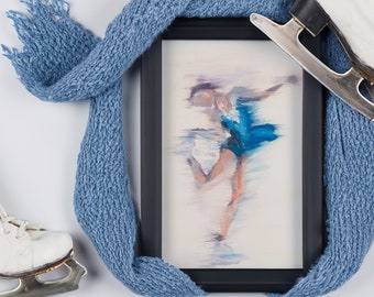 Art Print | Cyan Blue Figure Skate Haircutter Spin Illustration | Oil Painting Giclée Print | Minimal Woman Figure Winter Wall Poster