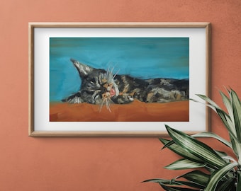 Art Print | Cute Sleeping Cat in Cobalt Blue and Burnt Orange | Oil Painting Giclée Art Print | Cat Cafe Veterinary Animal Shelter Wall Art