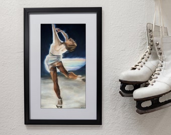Art Print | Figure Skating Layback Spin White Rainbow Dress on Black | Fine Art Oil Painting Giclée Print Poster