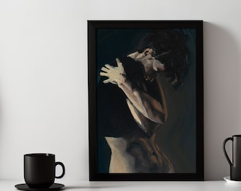 Art Print | Expressive Painterly Figure Painting | Emotional Midnight Green and Burnt Orange Oil Painting Giclée Print Poster