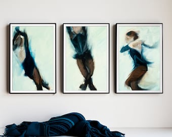 Art Print Triptych | Moonlight Blue Figure Skating Jump Iced Jade | Kamila Valieva Three Giclée Prints | Modern Minimalism Wall Décor Poster