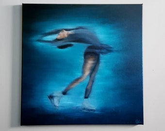 Canvas Oil Painting | Square Original Figurative Oil on Stretched Canvas Painting | Figure Skaters In Motion | Blue Layback Spin