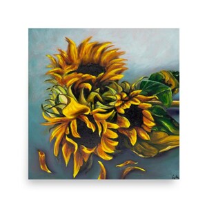 Stampa artistica quadrata di girasoli blu e gialli / Dipinto a olio di un mazzo di girasoli realizzato dall'uomo / Poster da parete con fiori estivi