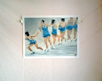 "Jump Sequence in Blue" Oil Painting on Canvas Paper Inspired by Karen Chen