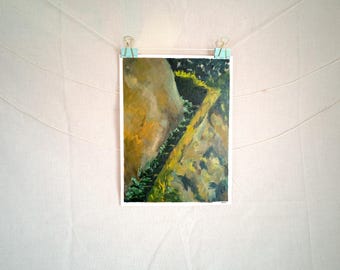 Origineel olieverfschilderij "Overwoekerde trap" Italiaanse zomertuin geïnspireerd schilderij op canvaspapier 18 x 24 cm