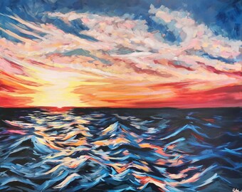 Acrylic Painting | Large Original Colourful Sunset Seascape Artwork | Irish Coastal Sunset