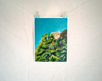 "Hillside Villa" Rural Italian Landscape Inspired Oil Painting on Canvas Paper