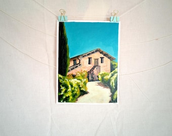 "House on a Hill With Cypress " Rural Italian Landscape Inspired Oil Painting on Canvas Paper
