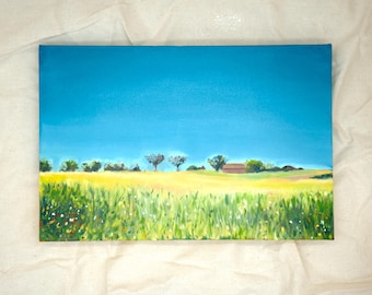 Original Oil Painting Yellow Field Noon Italian Summer Landscape (20x30cm)