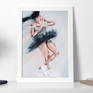 May include: A framed painting of a dancer in a black tutu, with a white background and a blurred effect.