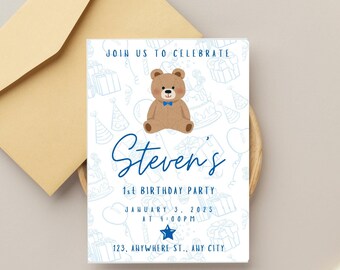 Boy Teddy Bear First Birthday Party Digital Invite | Star | Invitation Template | edit and print | digital download - INSTANT DOWNLOAD