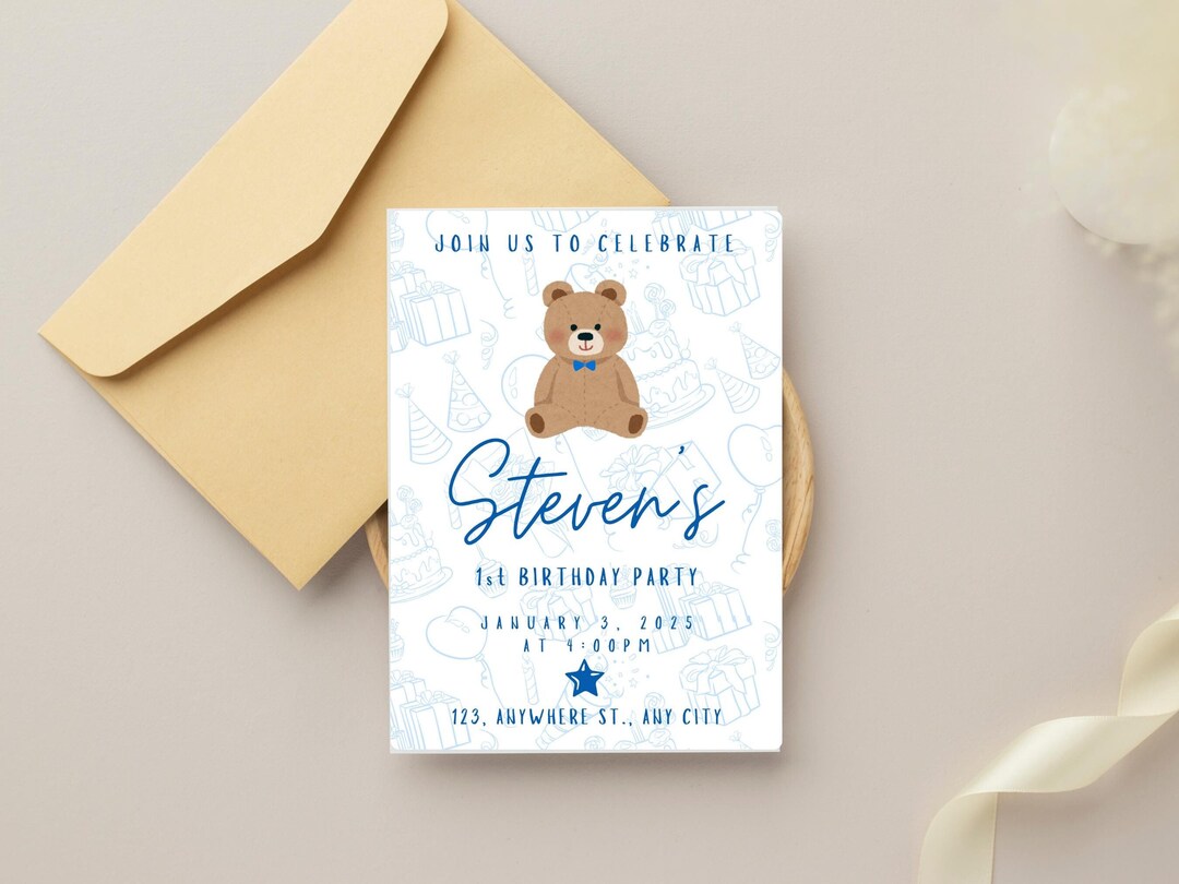 Boy Teddy Bear First Birthday Party Digital Invite | Star | Invitation ...
