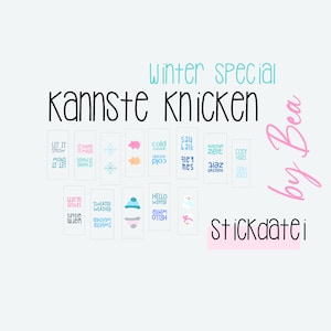 Puede incluir: Un conjunto de 12 pegatinas con temática invernal con varios diseños y textos, que incluyen "Let it snow", "Hand made", "Cold outside", "Sau kalt", "Kuschel zeit", "Cozy vibes", "Warm wishes", "Sweater weather", "Hello winter", y "Stickdatei by Bea".