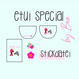 May include: A set of stickers featuring a red hooded girl and a wolf, with the text "und du so?" and "stickdatei" in pink. The stickers are on a light blue background with the text "etui special by Boa" in black.