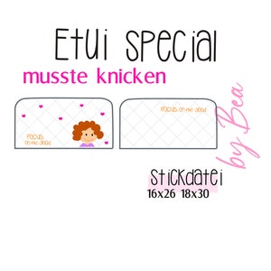 May include: Two quilted phone case designs with rounded corners. The left case features a pink background with hearts and a cartoon girl with brown hair. The right case is white with a gray quilted pattern. Both cases have the text "FOCUS on the good" in orange. The text "Etui special musste knicken" is at the top of the image. The text "Stickdatei 16x26 18x30" is at the bottom of the image. The text "by Bea" is on the right side of the image.