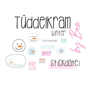 Könnte beinhalten: Ein Set winterlicher Bügelbilder mit Schneemännern, Schneeflocken und winterlichen Sprüchen wie "Stay Cool" und "Baby It's Cold Outside".