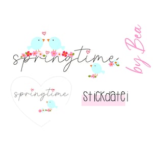 Könnte beinhalten: Eine digitale Illustration von zwei blauen Vögeln mit rosa Herzen darüber, umgeben von rosa Blumen. Der Text "springtime" ist in Kursivschrift geschrieben. Der Text "by Bea" ist in rosa Kursivschrift geschrieben. Der Text "Stickdatei" ist in rosa Schrift geschrieben. Der Text "springtime" ist in Herzform geschrieben.