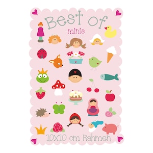 May include: A rectangular light pink sign with a scalloped edge featuring the text Best of minis and 10X10 cm Rahmen. The design includes various colorful illustrations such as a yellow duck, a red ladybug, a strawberry, a cake, and a pig.
