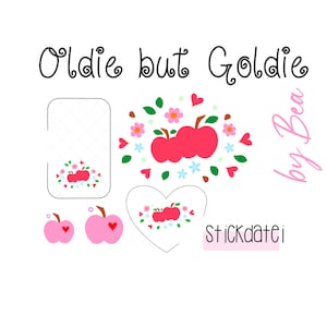 Puede incluir: Un conjunto de pegatinas imprimibles con un diseño de manzana roja y el texto "Oldie but Goldie by Bea Stickdatei".