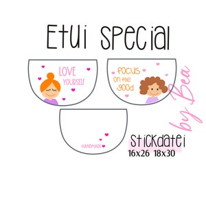 Könnte beinhalten: Drei rosa und graue Halbkreis-Designs mit weißem Hintergrund. Die Designs zeigen ein Mädchen mit braunen Haaren und rosa Kleidung. Der Text auf den Designs lautet "Love Yourself", "Focus on the good" und "Handmade". Der Text "Stickdatei 16x26 18x30" befindet sich unter den Designs.
