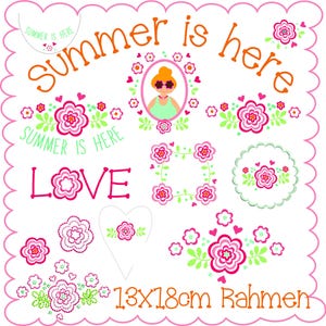 Könnte beinhalten: Ein weißer Hintergrund mit einem rosa, wellenförmigen Rand zeigt Blumendesigns und die Worte "Summer is Here" und "Love" in Orange und Pink. Eine gerahmte Illustration einer Person mit Sonnenbrille ist ebenfalls enthalten. Der Text "13x18cm Rahmen" befindet sich unten.