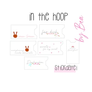May include: Five printable gift tags with bunny and flower illustrations. The tags feature the text "süsse Grüsse", "everybunny needs chocolate", "für dich", "sweets for my sweet", and "kleine Kleinigkeit". The text "Stickdatei" and "by Bea" are also included.