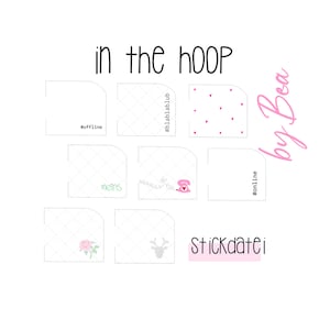 Può includere: Un set di otto disegni di ricamo a cerchio vuoti con varie immagini, tra cui un telefono, una rosa, un cervo e cuori. Il testo "in the hoop by Bea" e "Stickdatei" è incluso.