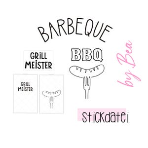 May include: A white background with the word "BARBEQUE" in a curved font. Below are the words "GRILL MEISTER" and "BBQ" with a sausage on a fork. The image also includes the text "Stickdatei" and "by Bea" in pink.