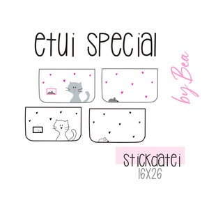 May include: A set of four sticker sheets with a cat and mouse design. The sheets are labeled "etui special" and "by Bea". The sheets are also labeled "Stickdatei 16x26".