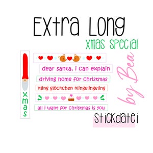 Könnte beinhalten: Weißer Hintergrund mit den Worten "Extra Long" in Schwarz. Das Bild enthält den Text "Xmas Special", "dear santa, I can explain", "driving home for Christmas", "kling glöckchen Klingelingeling" und "all I want for Christmas is you".