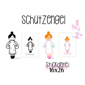 Puede incluir: Un diseño imprimible para una pegatina de ángel de la guarda. El diseño presenta un contorno en blanco y negro de un ángel, un ángel rosa y blanco y un ángel amarillo y blanco. El texto "Schutzengel" está escrito en negro en la parte superior de la página. El texto "Stickdatei 16x26" está escrito en rosa en la parte inferior de la página.